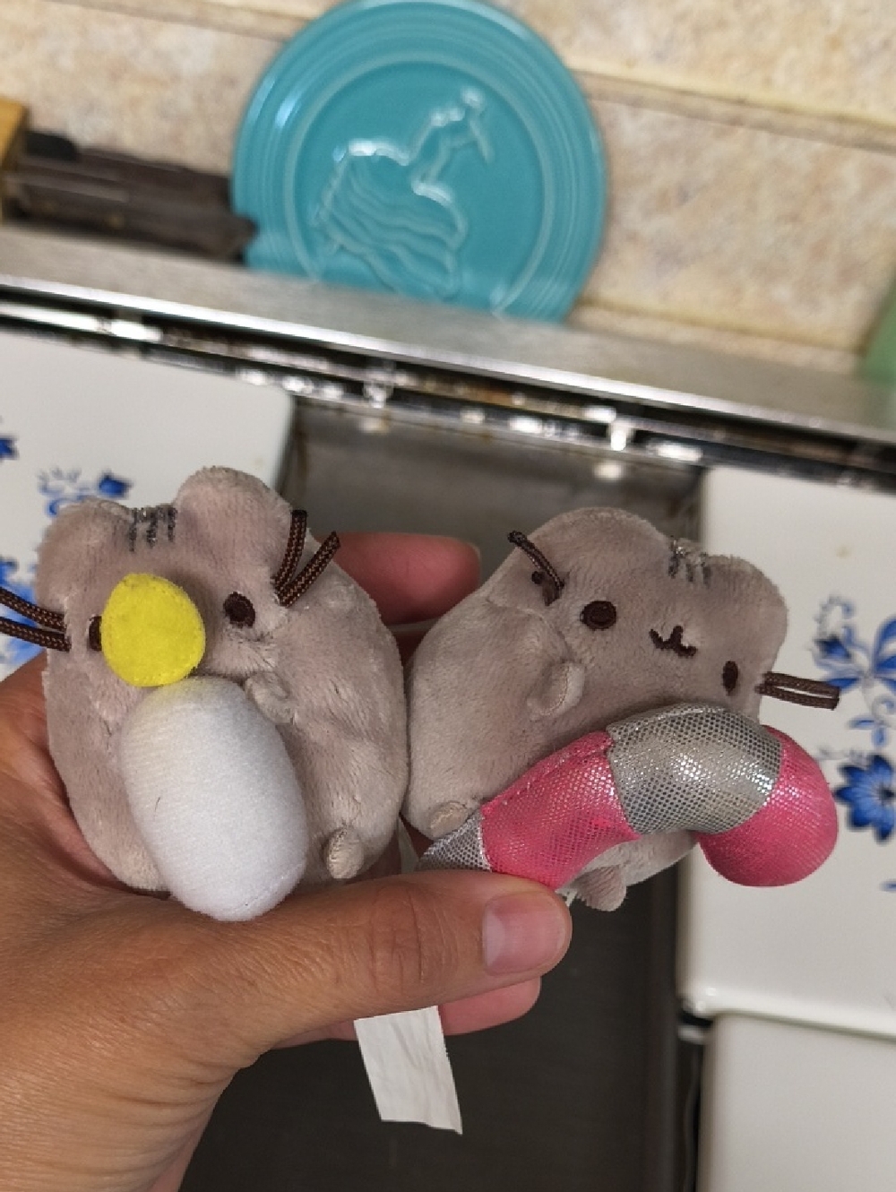Pusheen Gray Plush Pair with Yellow Candle and Pink Candy Cane